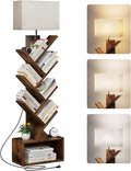 6 Tier Tree Bookshelf with Light, Narrow Bookcase Tower, Tall Floor Standing by Evermagin