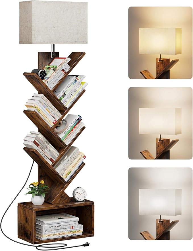 6 Tier Tree Bookshelf with Light, Narrow Bookcase Tower, Tall Floor Standing by Evermagin