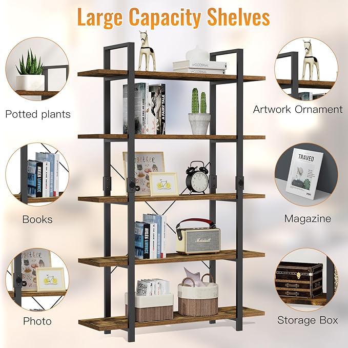 FRAPOW 5 Tier Bookshelf, 70 inch Tall Solid Bookcase Industrial Wooden - Image 6