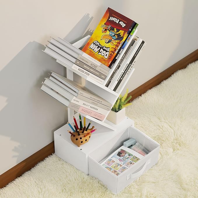Small Bookshelf with Drawer, 4 Tier Tree Book Shelf, Wood Desk Bookshelves - Image 8