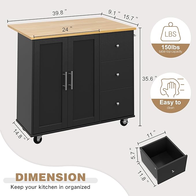 Shintenchi Kitchen Island with Folding Drop Leaf, Rolling Island Table with - Image 4