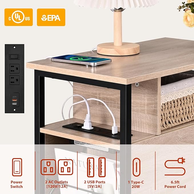 Side Tables with Charging Station, Narrow End Table with 2 Wooden Drawers - Image 4