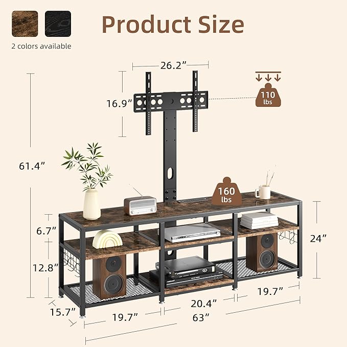 VECELO 63" TV Stand with Mount and Power Outlets, Entertainment Center Console - Image 2