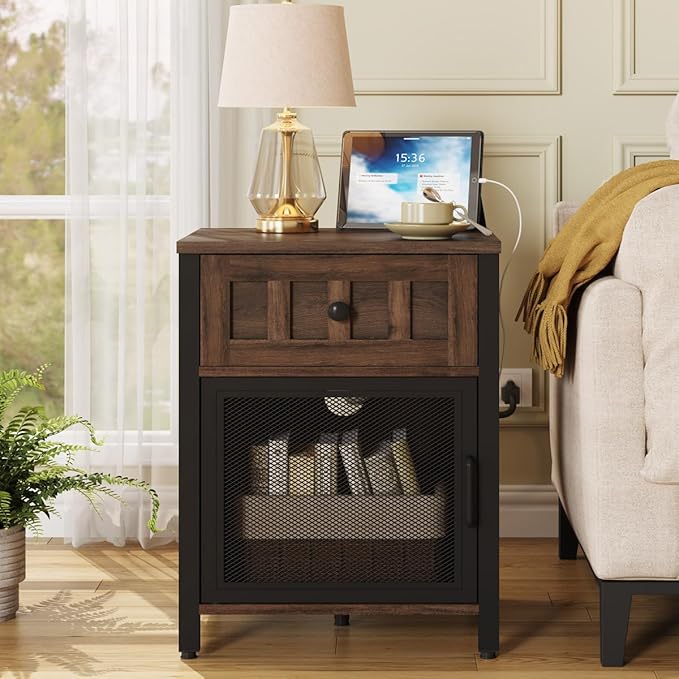 FATORRI End Table with Charging Station, Farmhouse Side Table with Drawer - Image 8