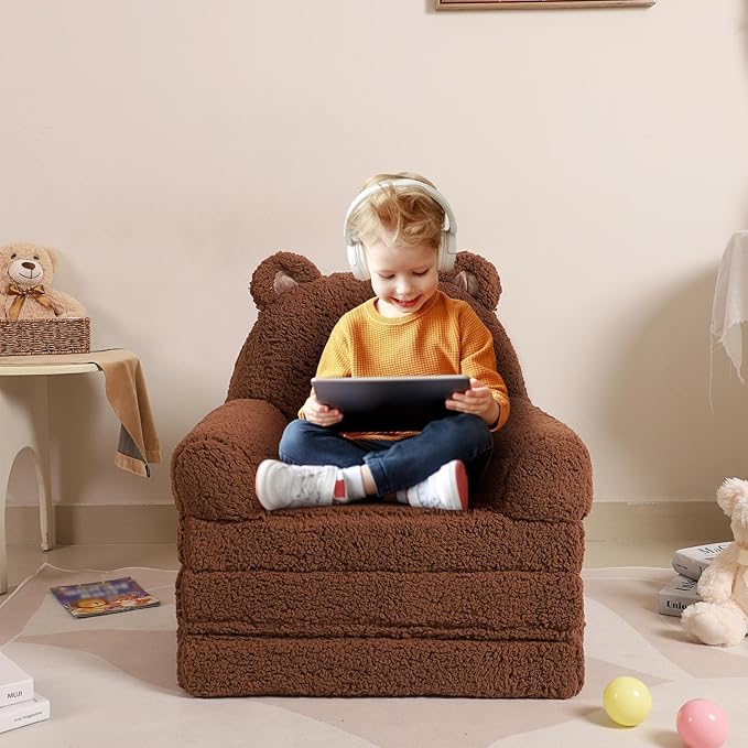 Foldable Sofa for Kids, Sherpa Teddy Bear Toddler Couch - Image 2