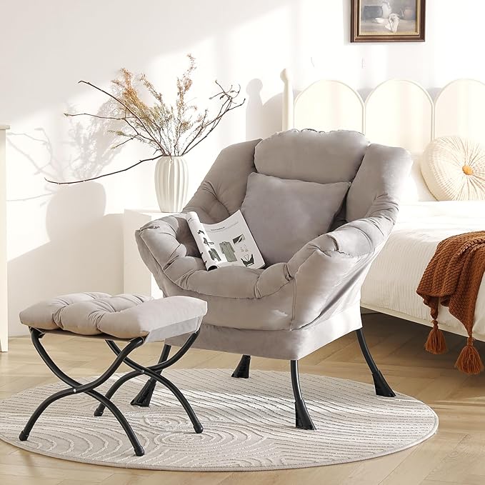 Large Lazy Chair with Ottoman, Accent Reading Chair with a Soft Grey Throw - Image 4