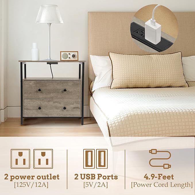 27 inch Wide Nightstand with Charging Station, Bedside Table with Open Shelf - Image 5