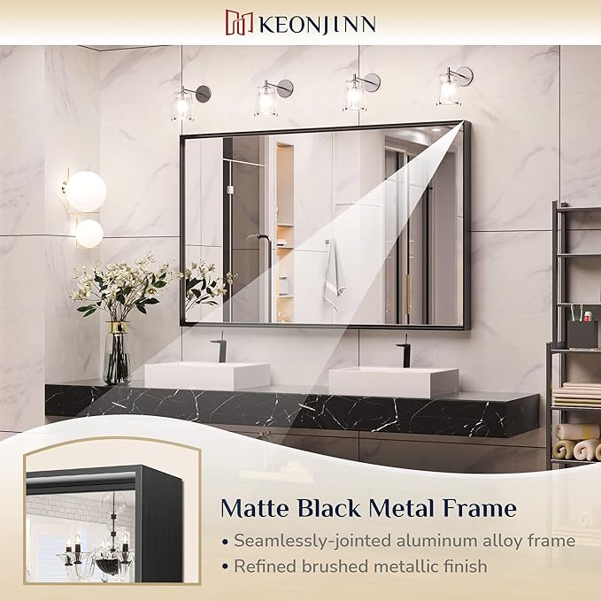 Keonjinn Black Framed Mirror for Bathroom 48 x 30 Inch Large Matte Black - Image 6