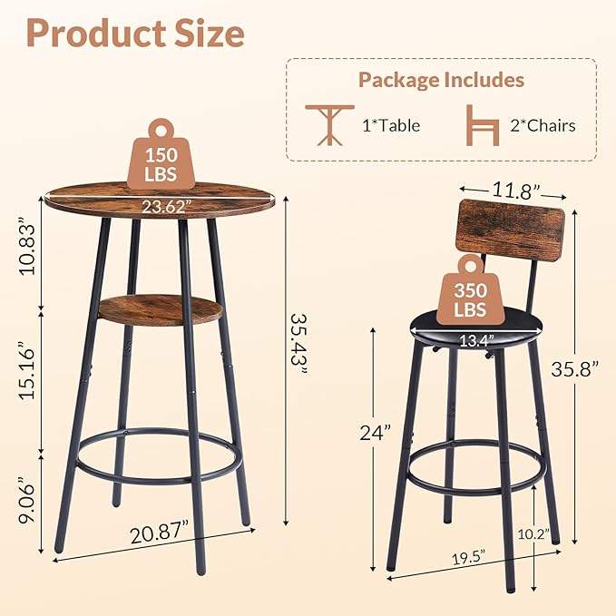 3 Pieces Round Bar Table and Chair Set, Small Dining Table - Image 2