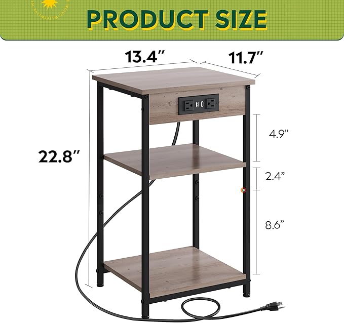 WLIVE End Table with Charging Station, Small Night Stand with 3 Storage Shelves - Image 3