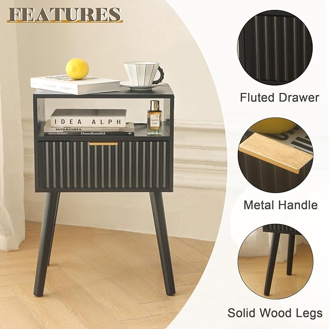 Black Nightstand with Charging Station, Mid Cetury Modern Nightstand with - Image 5