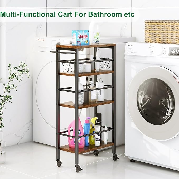 IBUYKE 7.8" Slim Rolling Cart, 4-Tier Metal Kitchen Storage Cart, Trolley cart - Image 8