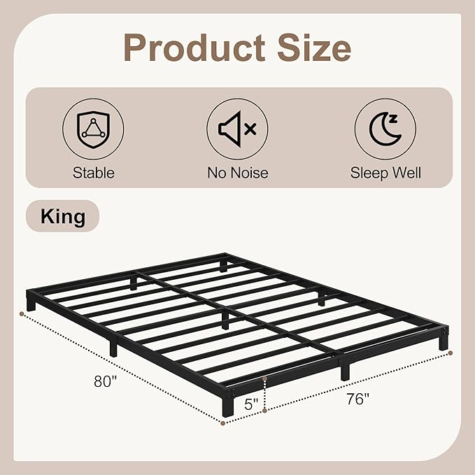 5 Inch Low King Size Bed Frame, Heavy Duty Bed Frame King Size Low Profile - Image 2
