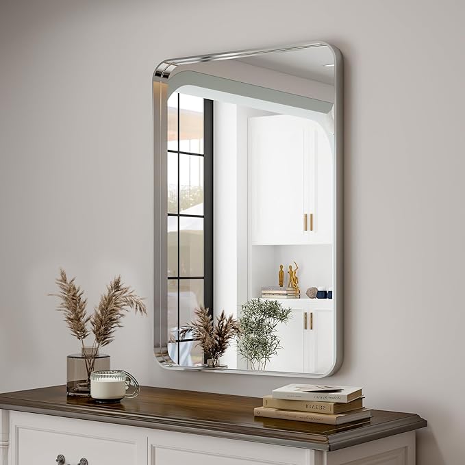 Silver Bathroom Mirror for Wall, 30x22 Inch Rectangular Aluminum Alloy Framed by EASLY
