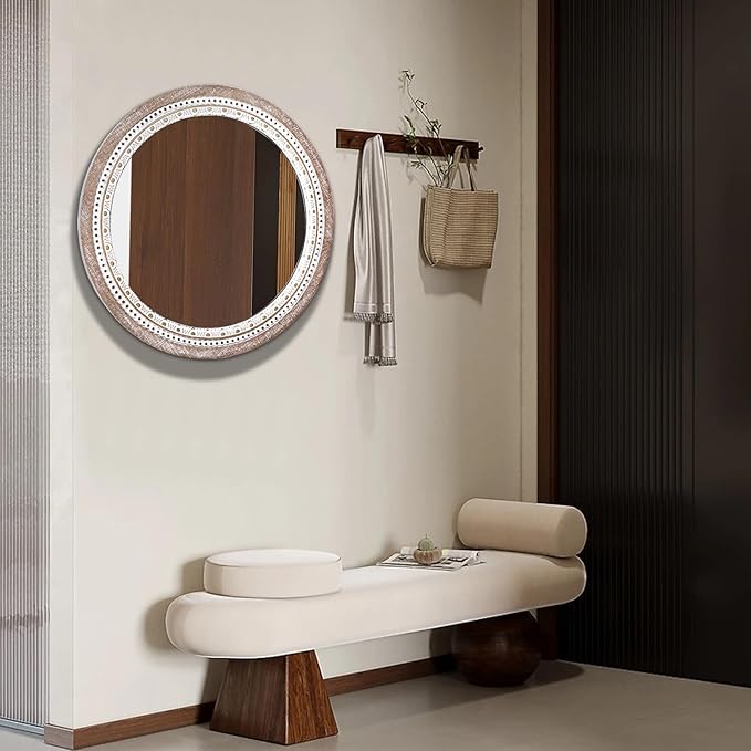 24 Inch Wooden Round Mirror for Wall Decor, Farmhouse Rustic Decorative Circle - Image 5