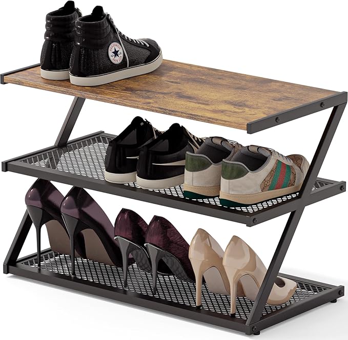 Z-Frame Shoe Rack with Wooden Top & Metal Mesh Shelves by BWOORACKU