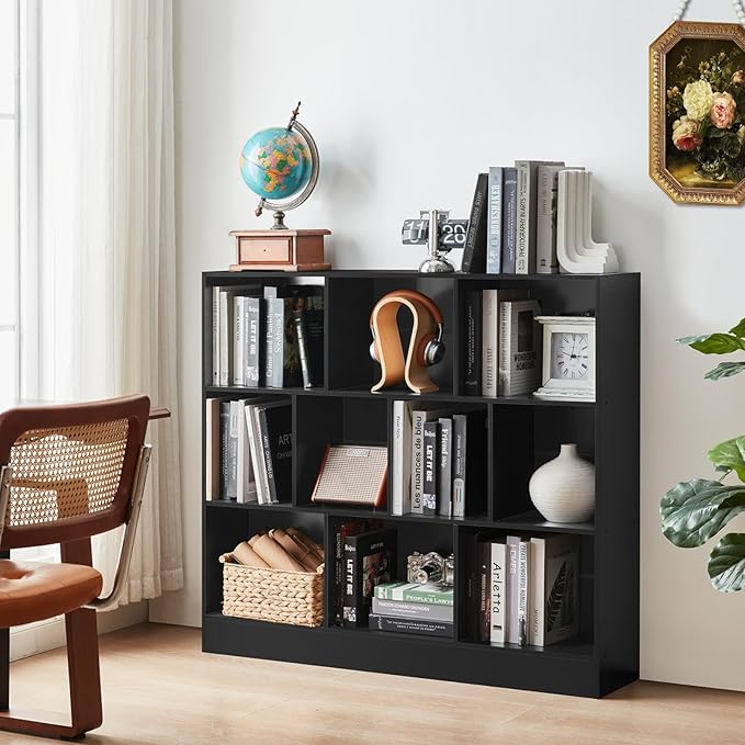 YAHARBO Black Wide Bookshelf, 3 Tier Modern Horizontal Bookcase, Wood Low - Image 7