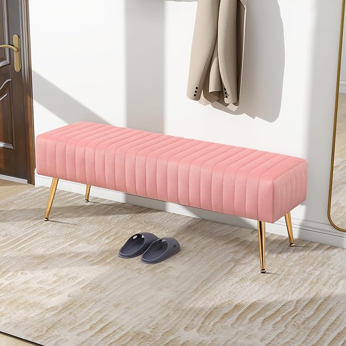 Furniliving 44 Inch Velvet Bench, Upholstered Tufted Striped Fabric Bedroom - Image 2