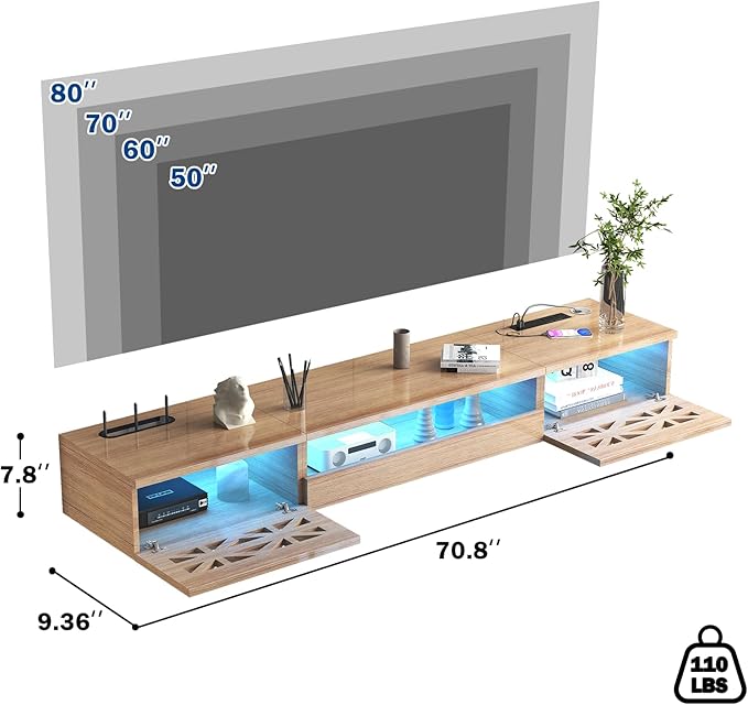 Floating TV Stand, Floating Wall Mounted TV Shelf with, Modern High Gloss tv - Image 6