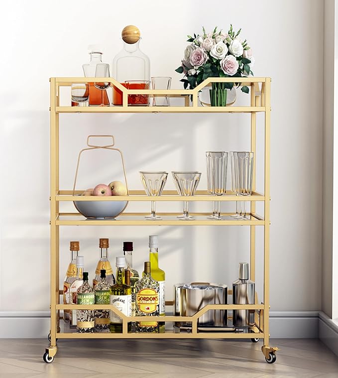 Square Gold Bar Carts with 3 Tier Storage Glass Shelves Holder Home Serving Bar - Image 2