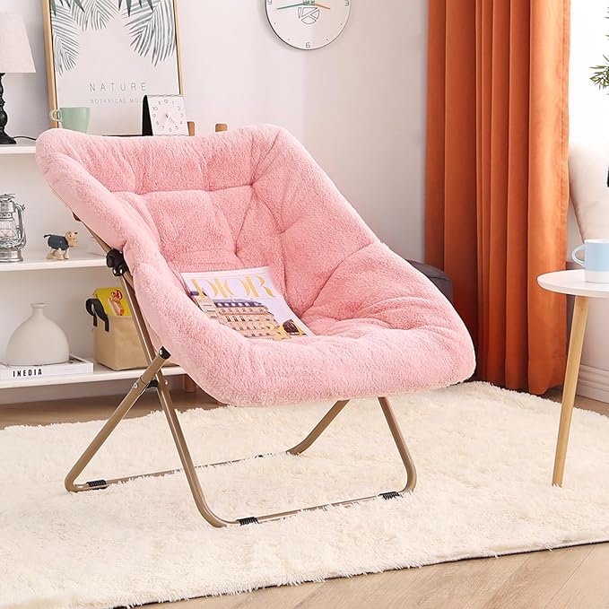 Modern Pink Faux Fur Foldable Metal Frame Recliner Chair - Image 3