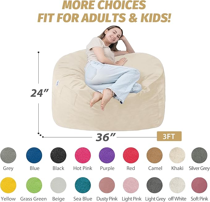 3FT Bean Bag Chair with Ultra Soft Velvet Cover Bean Bag Sofa with Memory Foam - Image 2