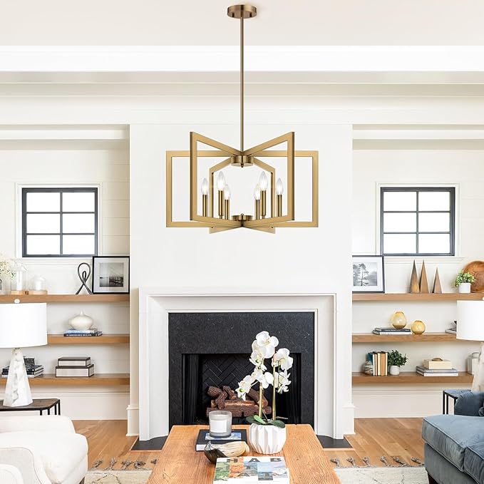 25" Modern Brass Chandelier for Dining Room, Geometric Brass Dining Room Light - Image 9