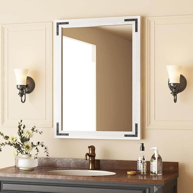 VocalStar White Wood Framed Mirror 22 x 30 Inch, Rustic Natural White Wooden by VOCALSTAR