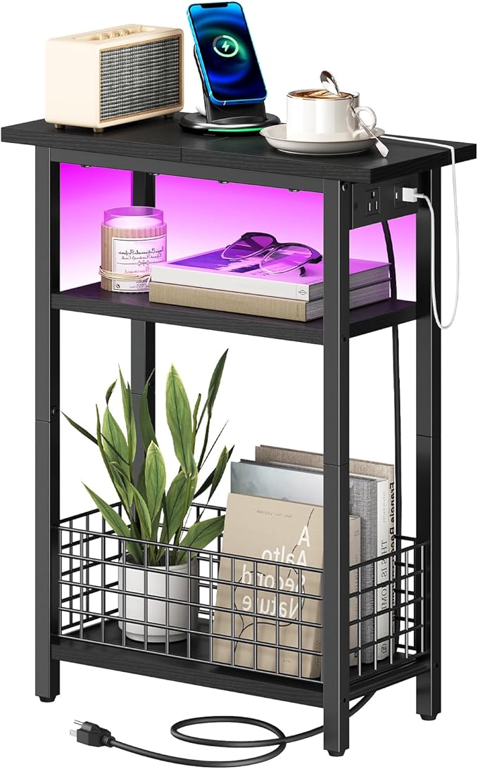 HOOBRO Narrow Side Table with Charging Station and LED Light, Small End Table by HOOBRO