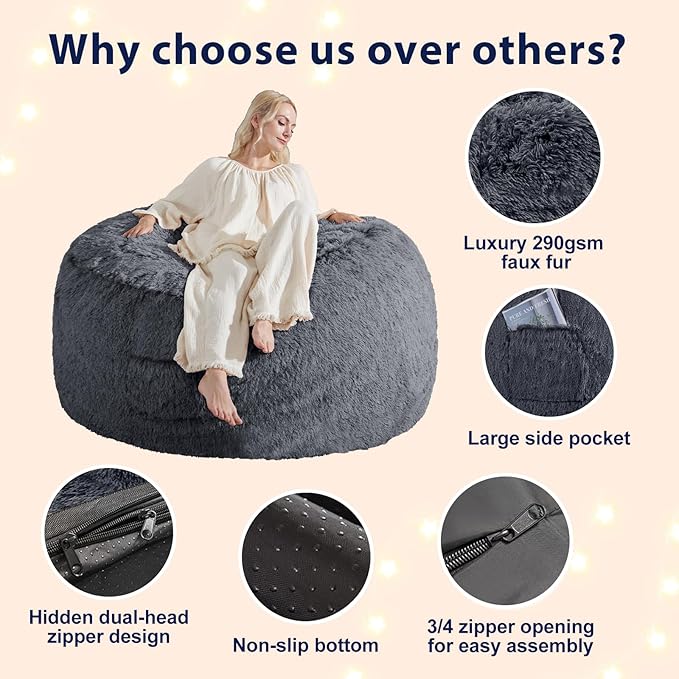 Bean Bag Chair Cover Soft Faux Fur Stuffed Animal Bean Bag Storage, Fluffy - Image 4