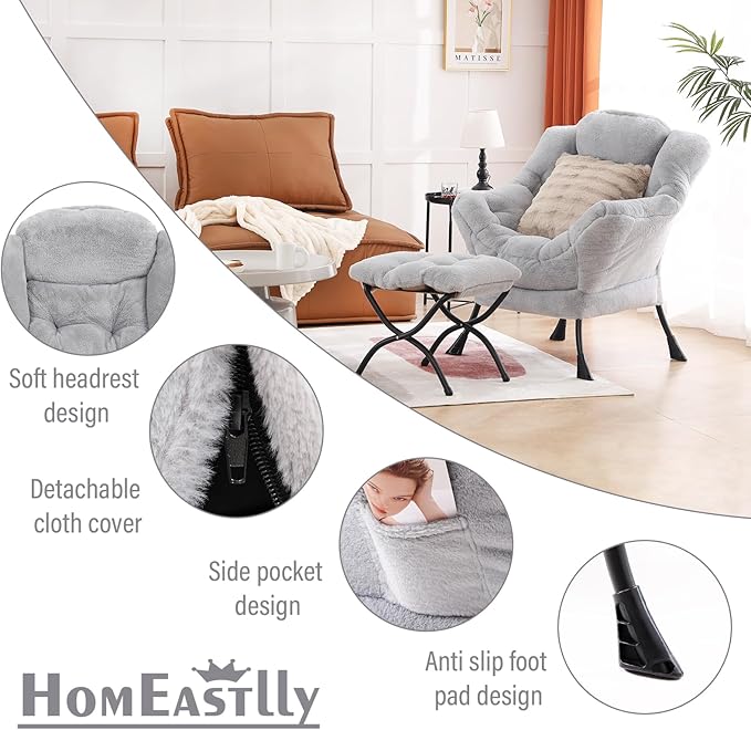 Lazy Chair with Ottoman, Modern Large Accent Lounge Chair with a Pillow - Image 6