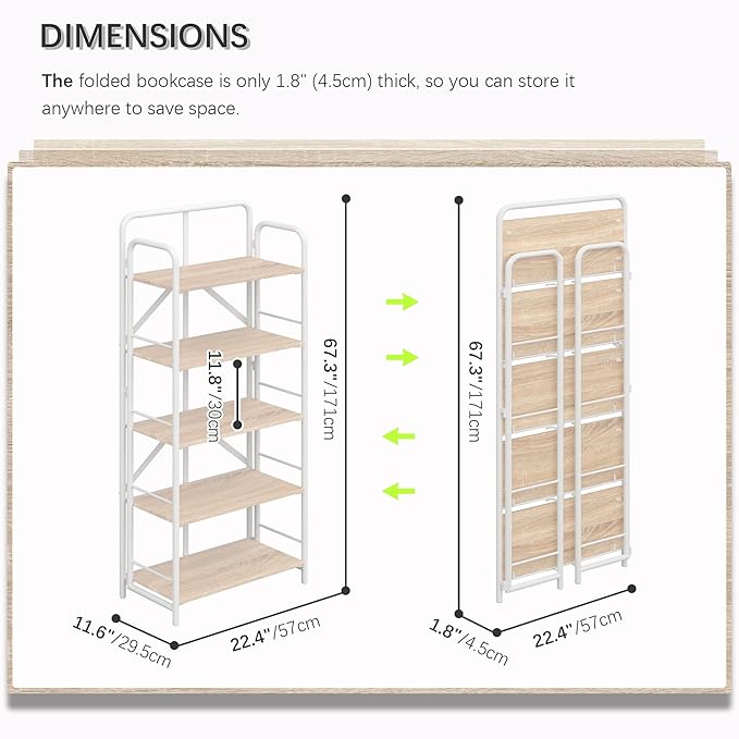4NM No Assembly Folding Bookshelf 5 Tiers Vintage Industrial White Book Shelf - Image 2