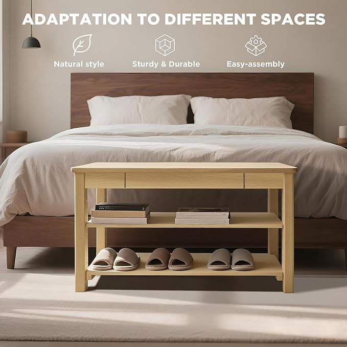 Wood Shoe Bench Entryway with Drawer: 2-Tiers Wooden Storage Shoe Rack with - Image 7