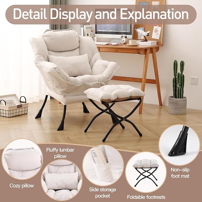 Lazy Chair with Ottoman, Modern Accent Chair with Lumbar Pillow, Comfy Chairs - Image 5