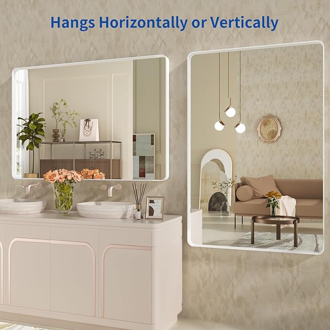 WEER White Bathroom Mirror 48X30 Inch, Rounded Rectangle White Metal Frame - Image 5