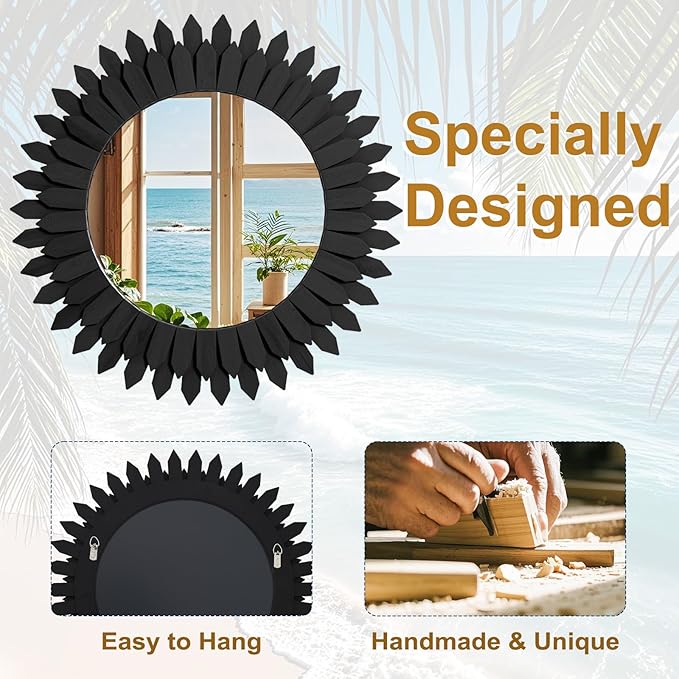 24 Inch Black Boho Wall Decor Sunburst Mirror - Image 4