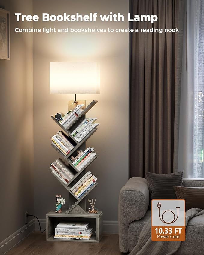 6 Tier Tree Bookshelf with Light, Narrow Bookcase Tower, Tall Floor Standing - Image 3