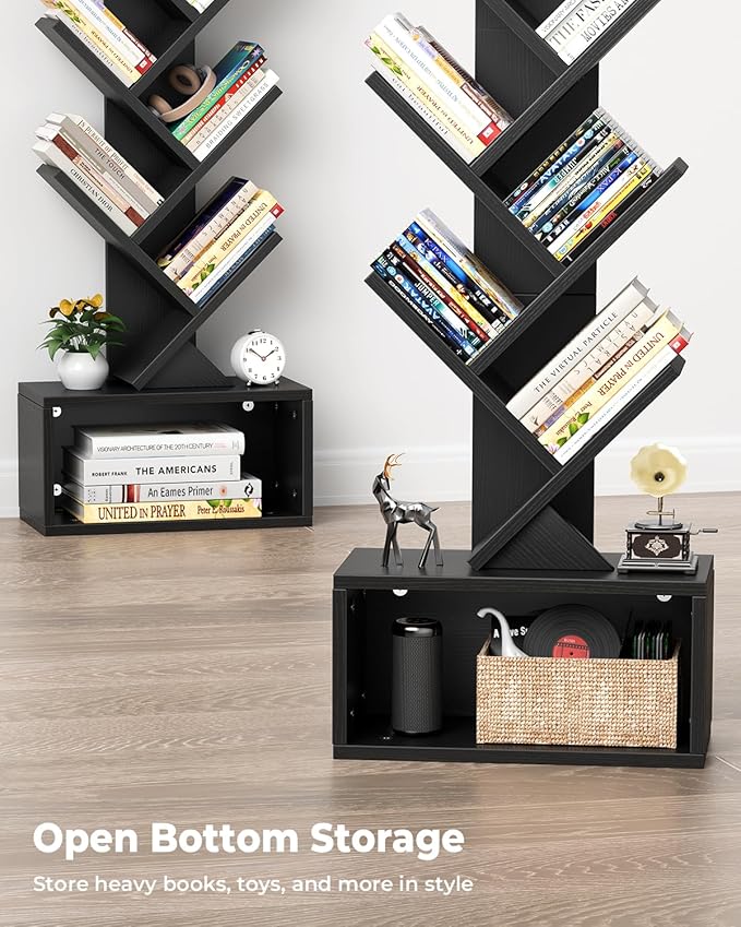 6 Tier Tree Bookshelf with Light, Narrow Bookcase Tower, Tall Floor Standing - Image 5