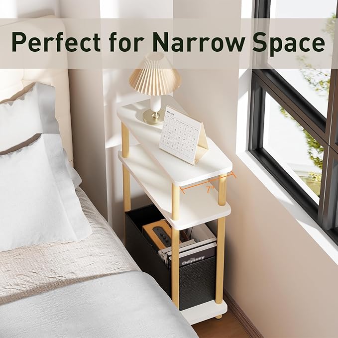 Narrow Side Table with Fabric Basket, 3 Tier Skinny End Table with Wood Legs - Image 7