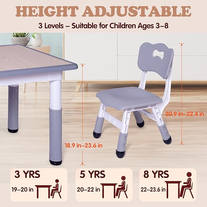 Kids Table and 2 Chairs Set, Height Adjustable Toddler Study Table and Chair Set - Image 2