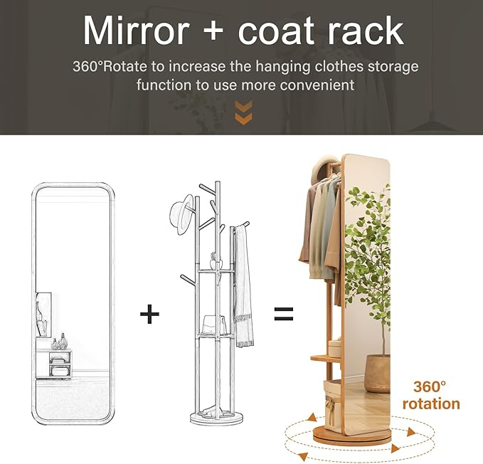 70"x16"Full Length Mirror with Stand, Coat Rack with Mirror, Solid Wood Floor - Image 6