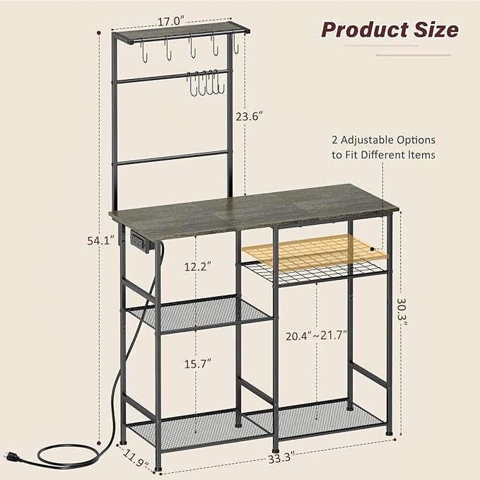 Bakers Rack with Power Outlet, Kitchen Microwave Stand with 10 S-shaped Hooks - Image 2