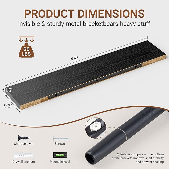 Heimlove Floating Shelves for Wall 48 Inches Long, 9.3" Deep Black Floating - Image 3
