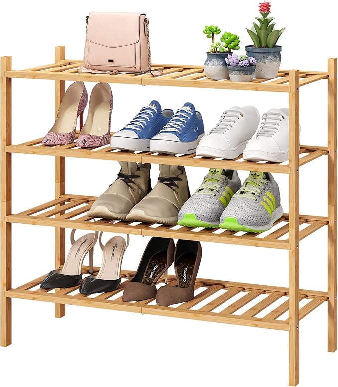 4-Tier Bamboo Shoe Rack for Entryway, Stackable | Foldable | Natural, Shoe by VIEWCARE