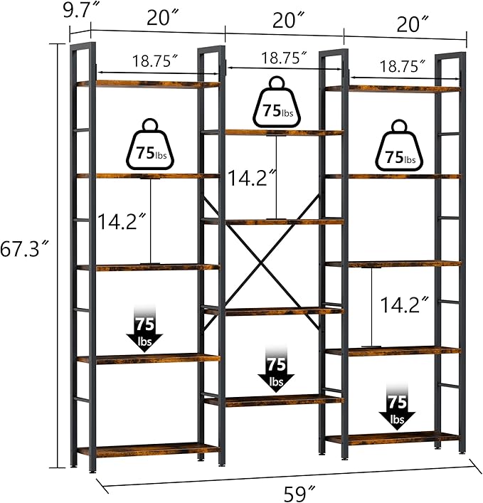 Shintenchi Triple 5 Tier Bookshelf, Industrial Large Bookcase - Image 2