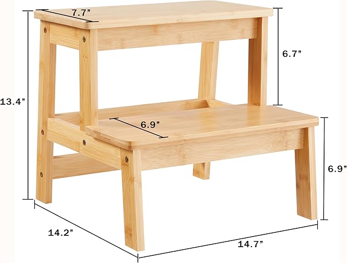 Bamboo Step Stools for Adults Kids, 2 Step Stool for Kichen/Bathroom/Bedside - Image 6