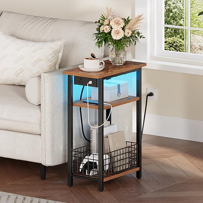 HOOBRO Narrow Side Table with Charging Station and LED Light, Small End Table - Image 5