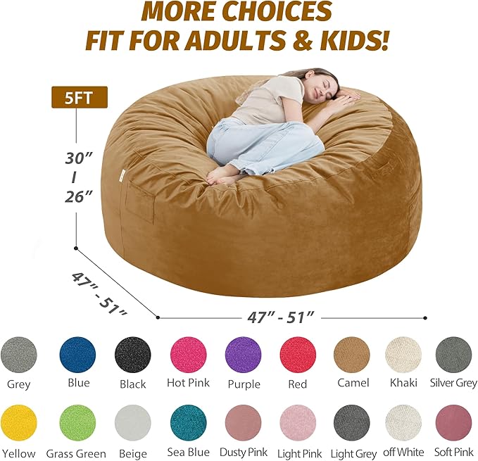 5FT Bean Bag Chair with Ultra Soft Velvet Cover Bean Bag Sofa with Memory Foam - Image 3