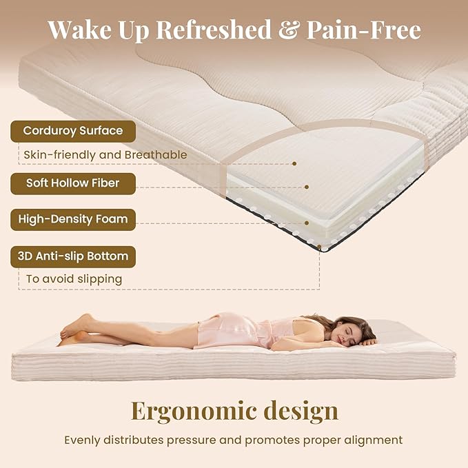 Japanese Floor Mattress, Corduroy Foldable Floor Pad, Roll Up Tatami Mat - Image 2