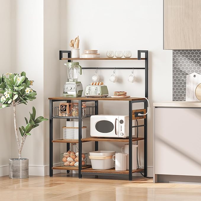 HOOBRO Bakers Rack with Power Outlet, 35.4 Inches Coffee Bar with Mesh Basket - Image 3
